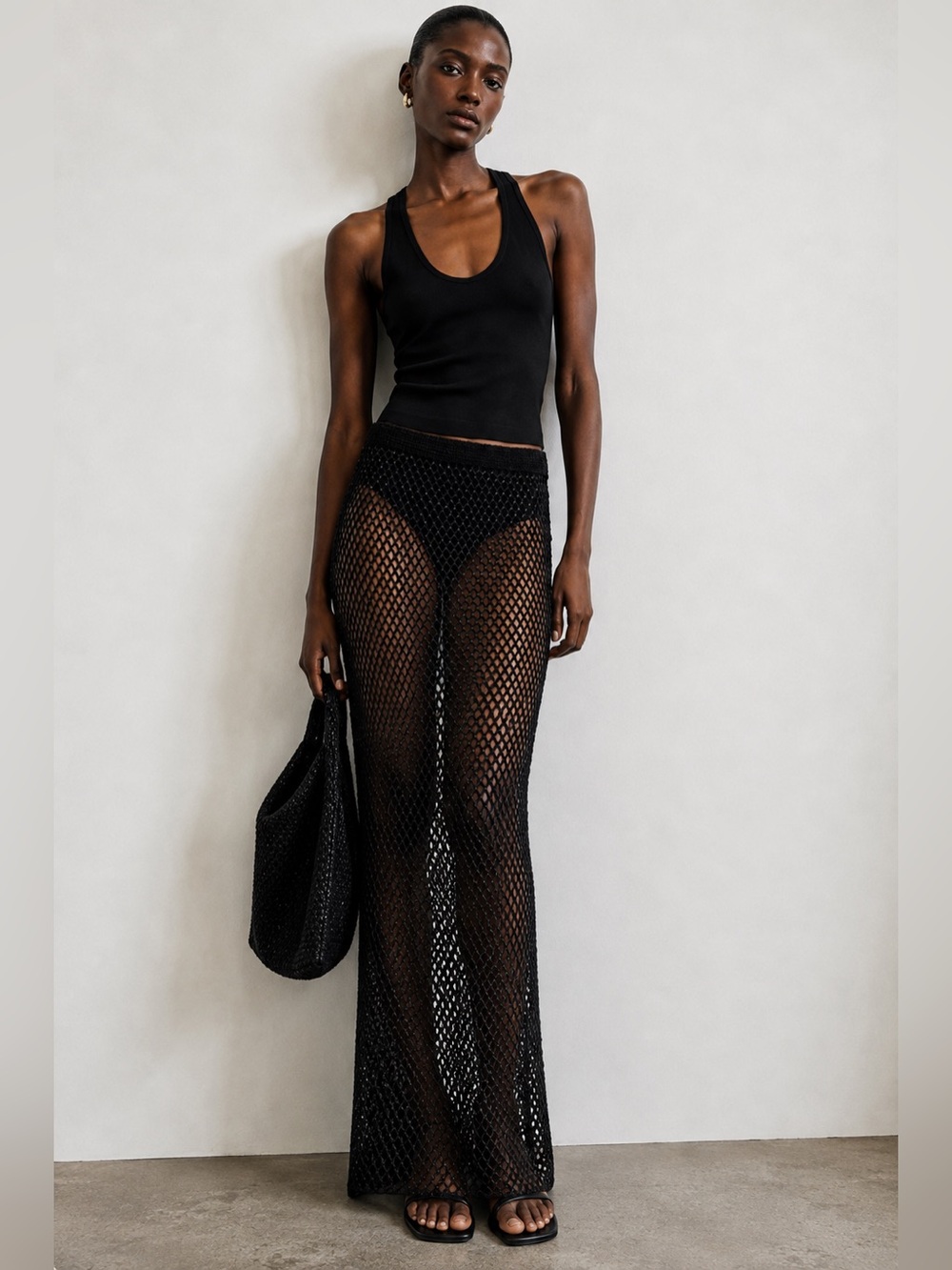 Black Beaded Sequin Crochet Mesh Maxi Skirt – Sheer Open Knit